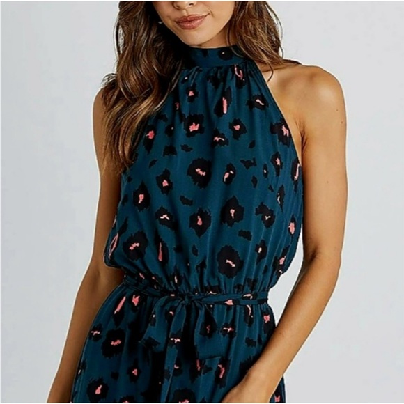 Pretty Garden Cheetah Print Teal & Pink Tiered Halter Maxi Dress XL - Picture 2 of 11